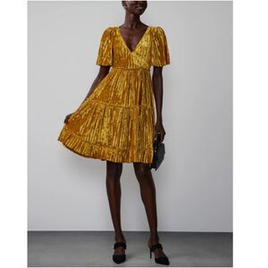 New York & Company Size Small Gold Short Sleeve Pleated Velvet Mini Dress EUC